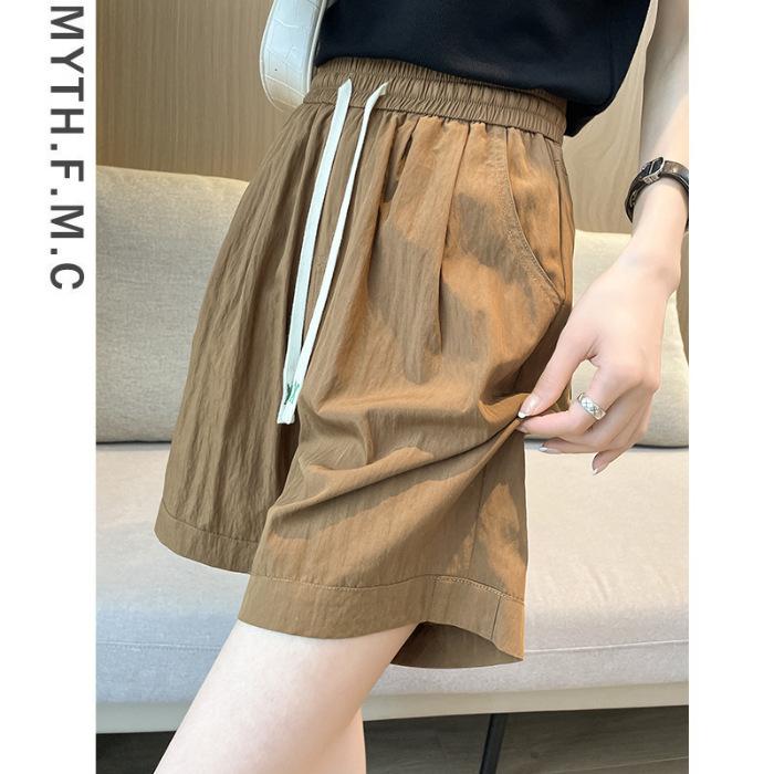 Hot Season Ice Silk Sports Shorts for Women, Large Size Summer Thin Style, High Waist, Slim and Versatile Five-point Wide-leg Medium Pants