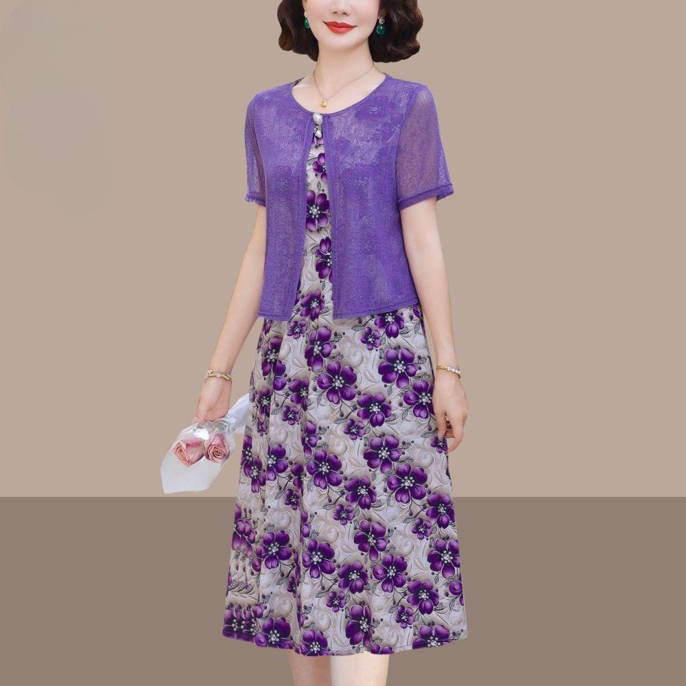 Chic Summer Fake Two Piece Dress for Moms Elegant Slimming and Youthful Mid Age Women Fashion Clothing