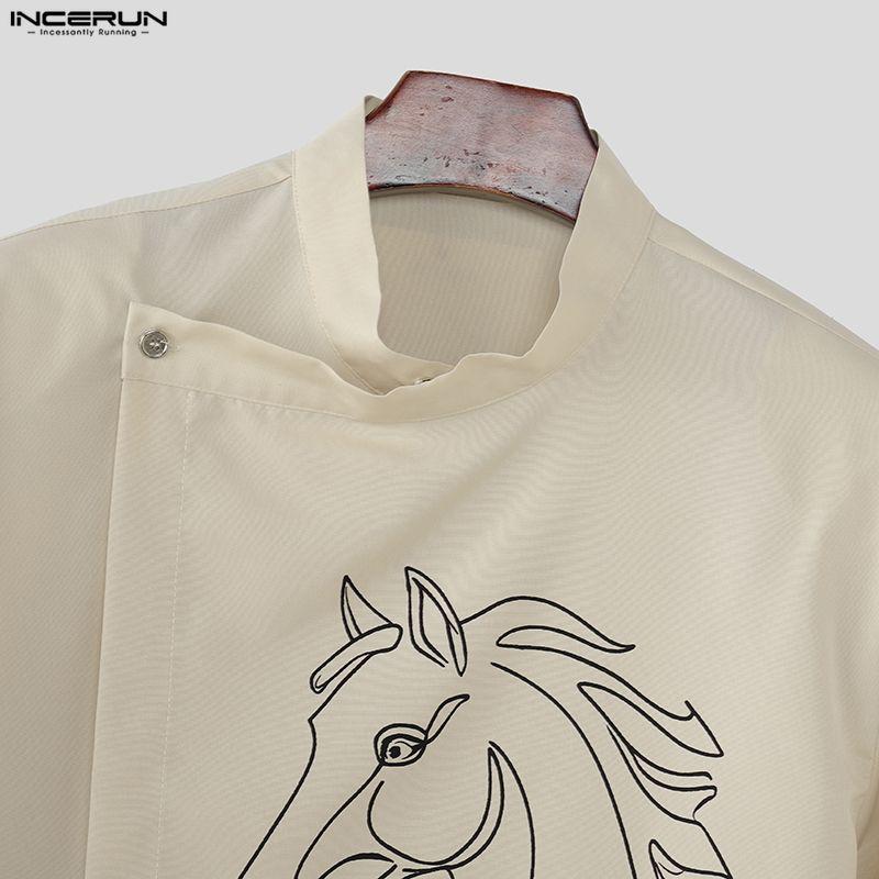 INCERUN Zomer Mannen Kraag 3/4 Mouw Knopen aan de Zijkant Print Casual Overhemden Tops