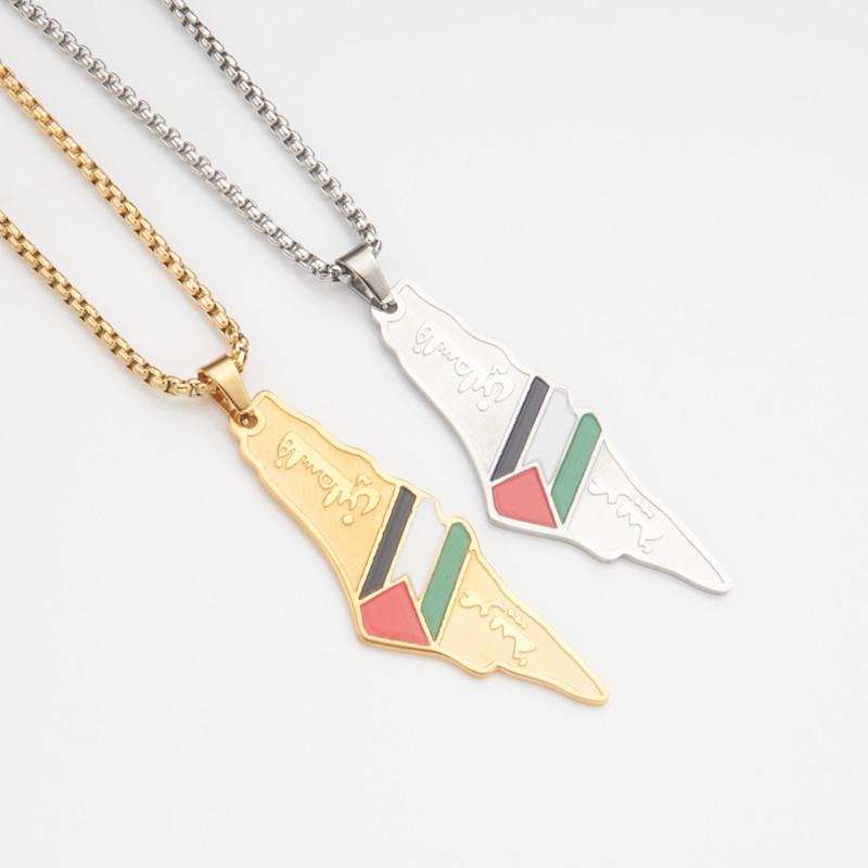 Etched Stainless Steel Palestine Flag Map Pendant Necklace For Men Women