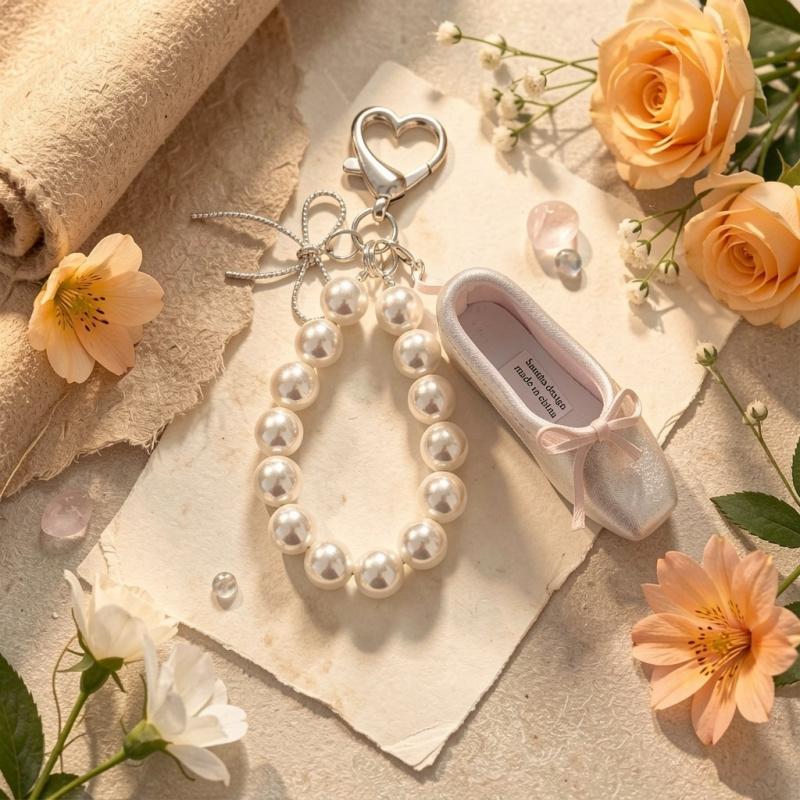 Sweet Niche Girl Pink Ribbon French Pearl Ballet Shoes Mobile Phone Pendant Bag Charm