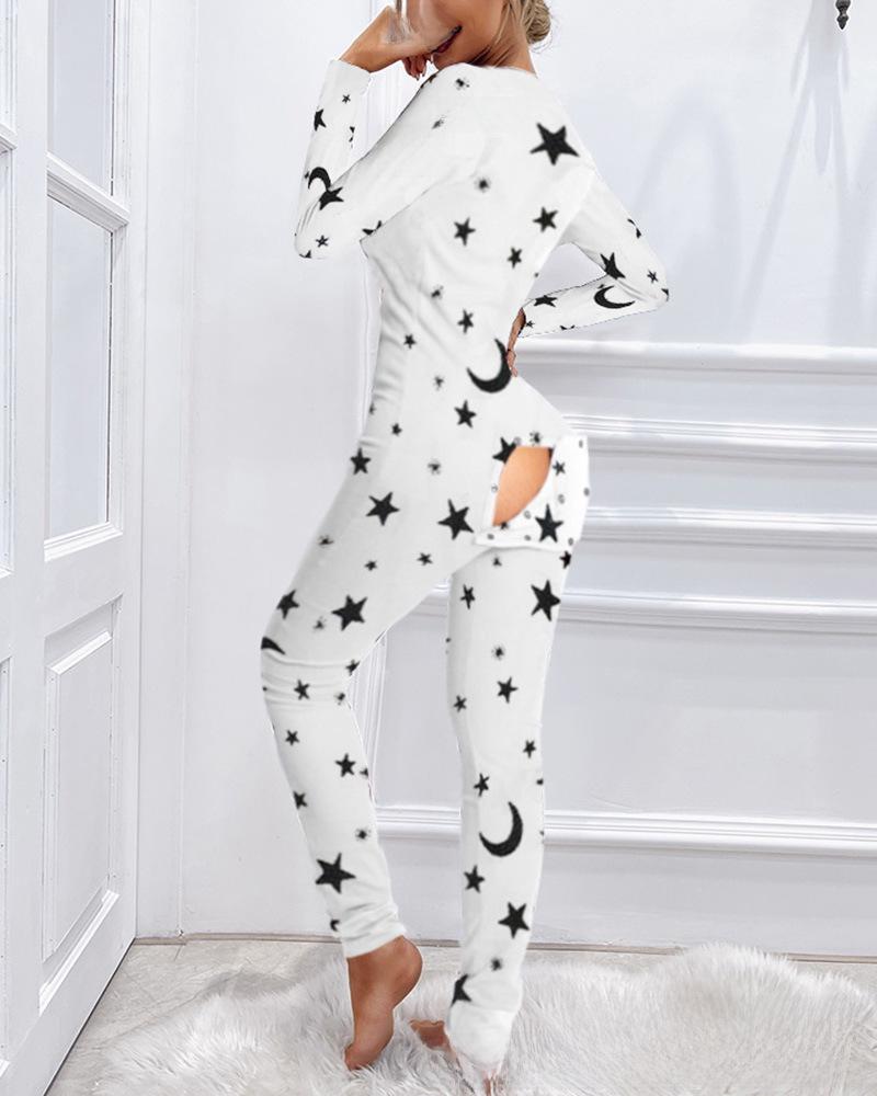 2022 Women's Printed Long Sleeve Jumpsuit Pajamas with Functional Button Flap