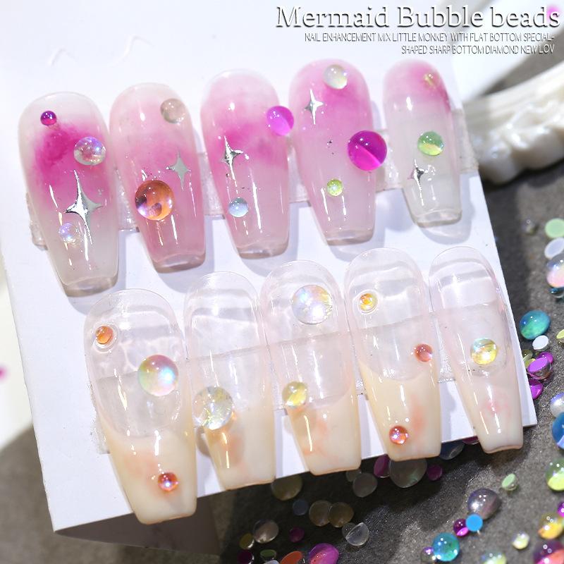 100pcs Mixed Size Aurora Mermaid Beads Nail Art Decoration Summer Parts Colorful Macaron Bubble Beads Nail Charms DIY Manicure