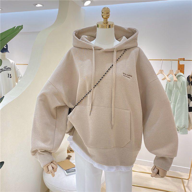 Women's Fleece-Lined Patchwork Hooded Sweatshirt - 2025 Autumn/Winter Korean Style Embroidered Loose Fit