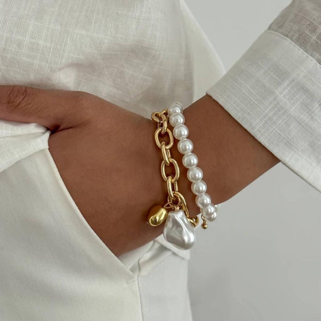 Salircon Fashion Baroque Imitation Pearl Bead Pendant Bracelet Women Exquisite Handmade Metal Bangle Bridal Wedding Jewelry Gift