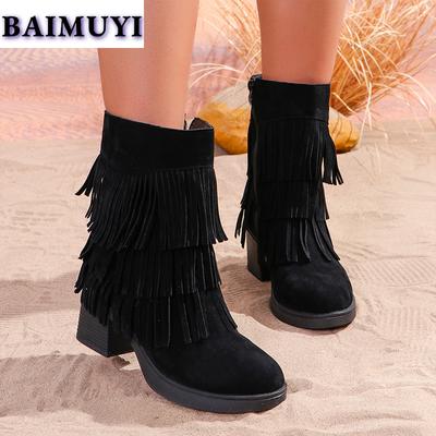 Mode Franges Talons Hauts Femmes Bottines Zippées Chaussures Tendance 2025 Designer Chunky Soirée Bottines Chelsea Hiver Nouvelles Escarpins Femme Bottes