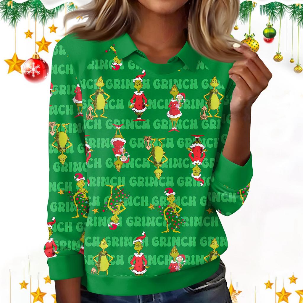 Women's Fashion Christmas Print Lapel Long Sleeve Casual Crewneck T-Shirt Top