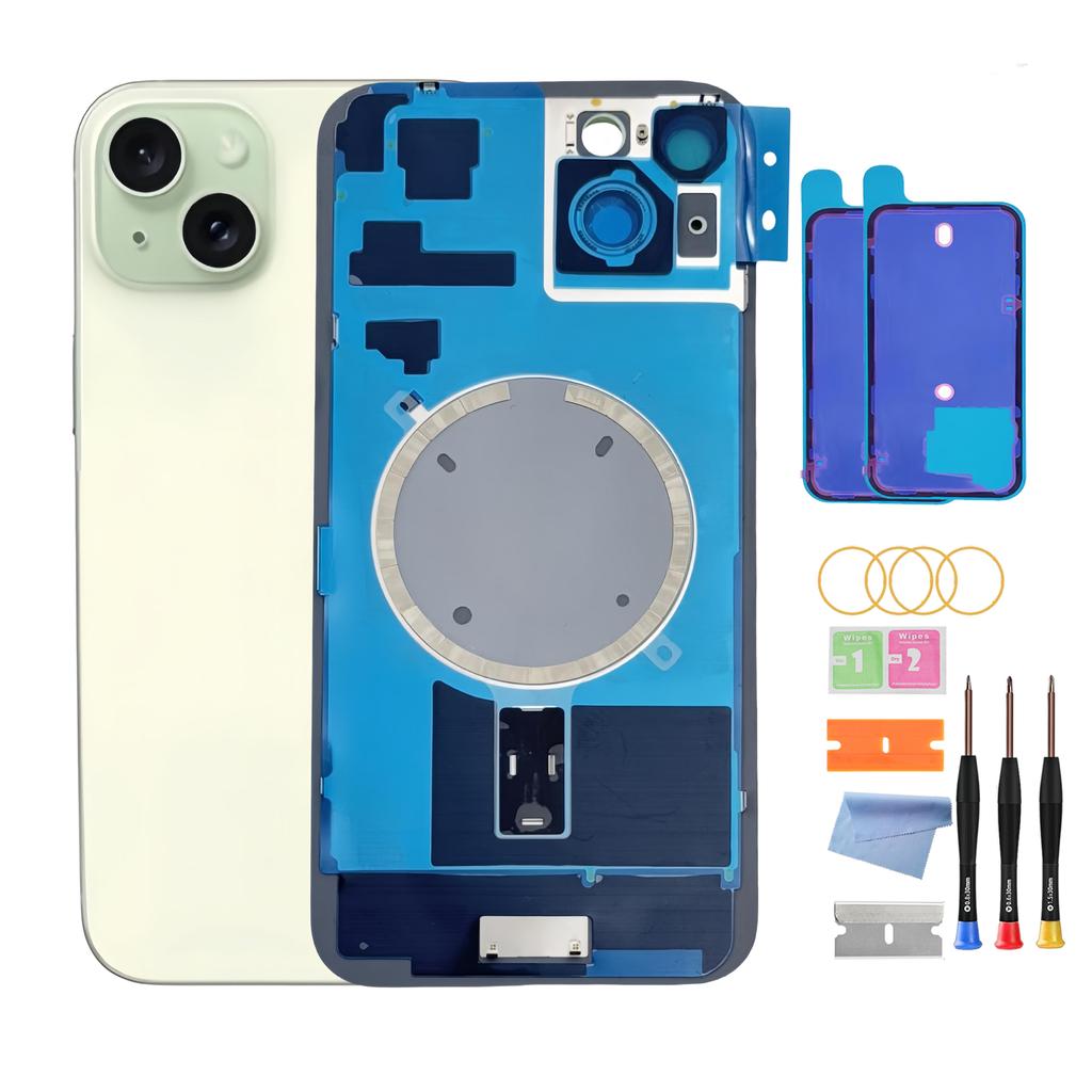 Back Housing for iPhone 15 (6.1-inch) with Glass Rear Cover, Middle Frame, SIM Tray and Repair Tools