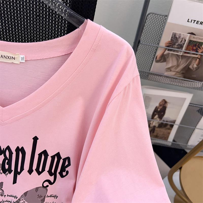 Plus Size Loose Mid-Length V-Neck Short-Sleeve T-Shirt for Women (200/300/350 Jin)