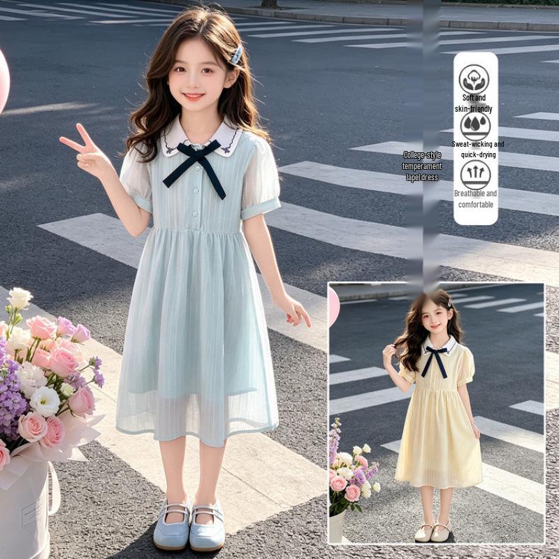 2026 Girls' Summer Dress - School Style Lapel Skirt for Big Kids