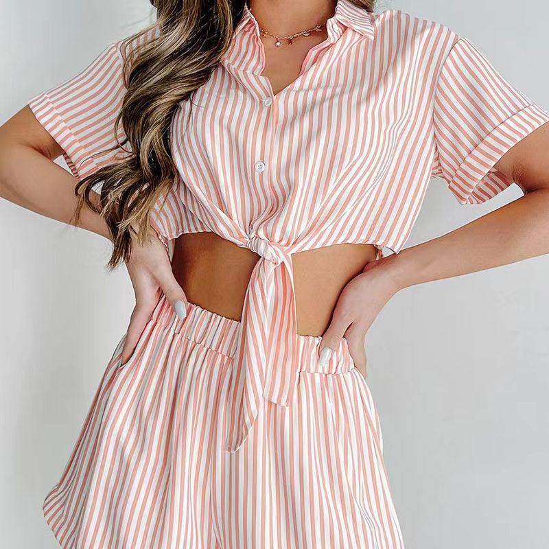 Fashion Summer Fashion Stripes Bandage Shirt Shorts Suit Striped Shirt and Shorts Set