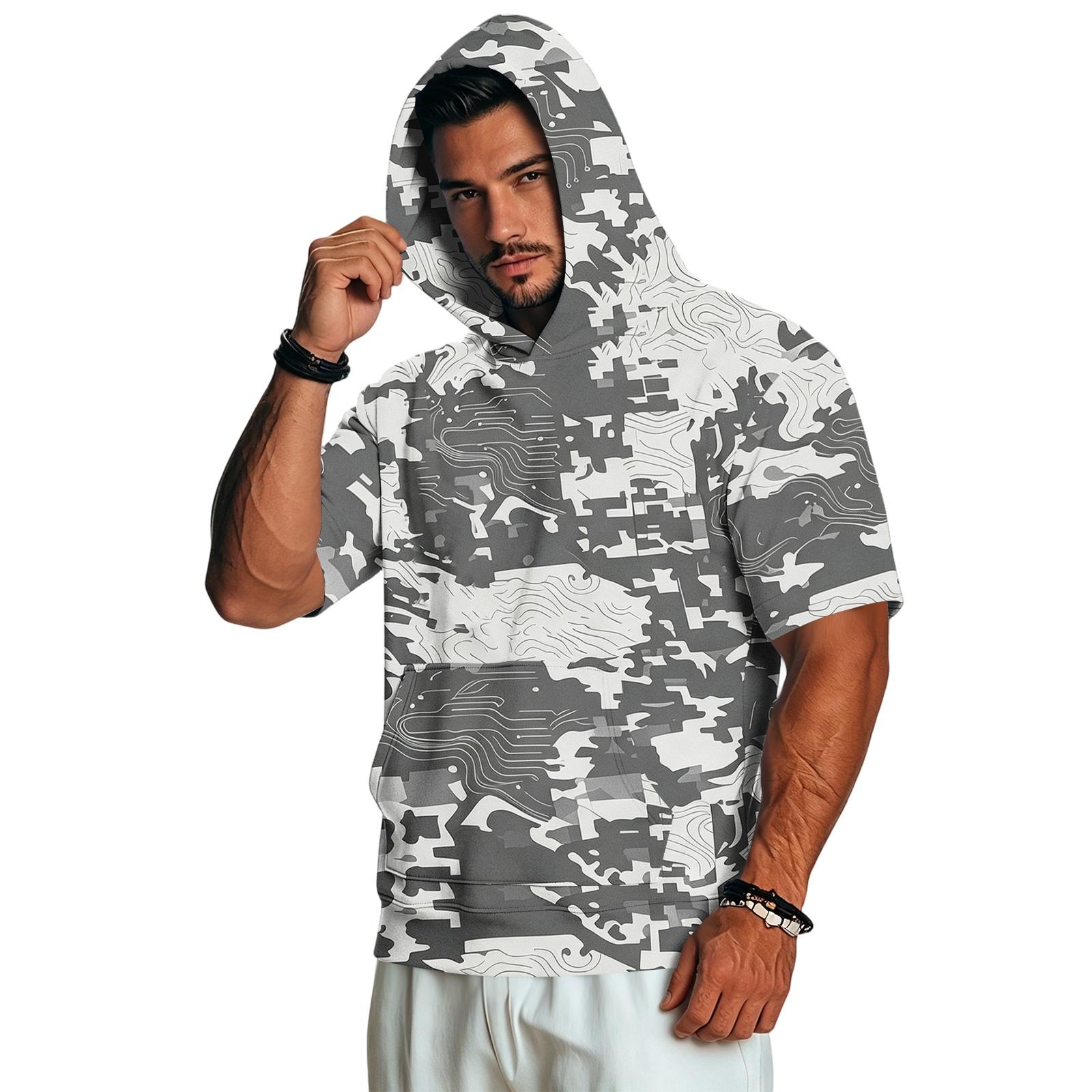 Men s Casual Retro Lightweight Short Sleeve Hooded Sweatshirt Camouflage Print L