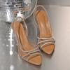2025 Summer Women's Modern Sandals Classics Crystal Slip On Pointed Toe Thin Heel Sandals Open Toe Party Dress Shoes