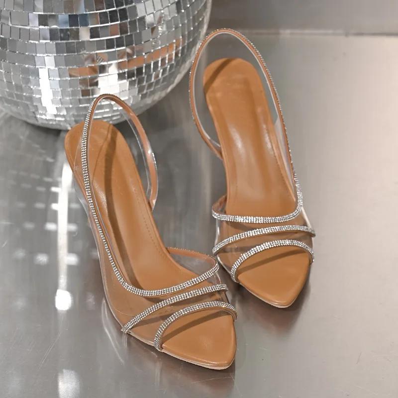 2025 Summer Women's Modern Sandals Classics Crystal Slip On Pointed Toe Thin Heel Sandals Open Toe Party Dress Shoes