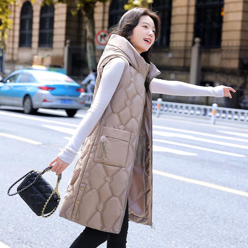 

Осінньо-зимовий однотонний жіночий корейський варіант вільного модного одягу з капюшоном Теплий жилет без рукавів середньої довжини 5 кольорів 5XL хакі