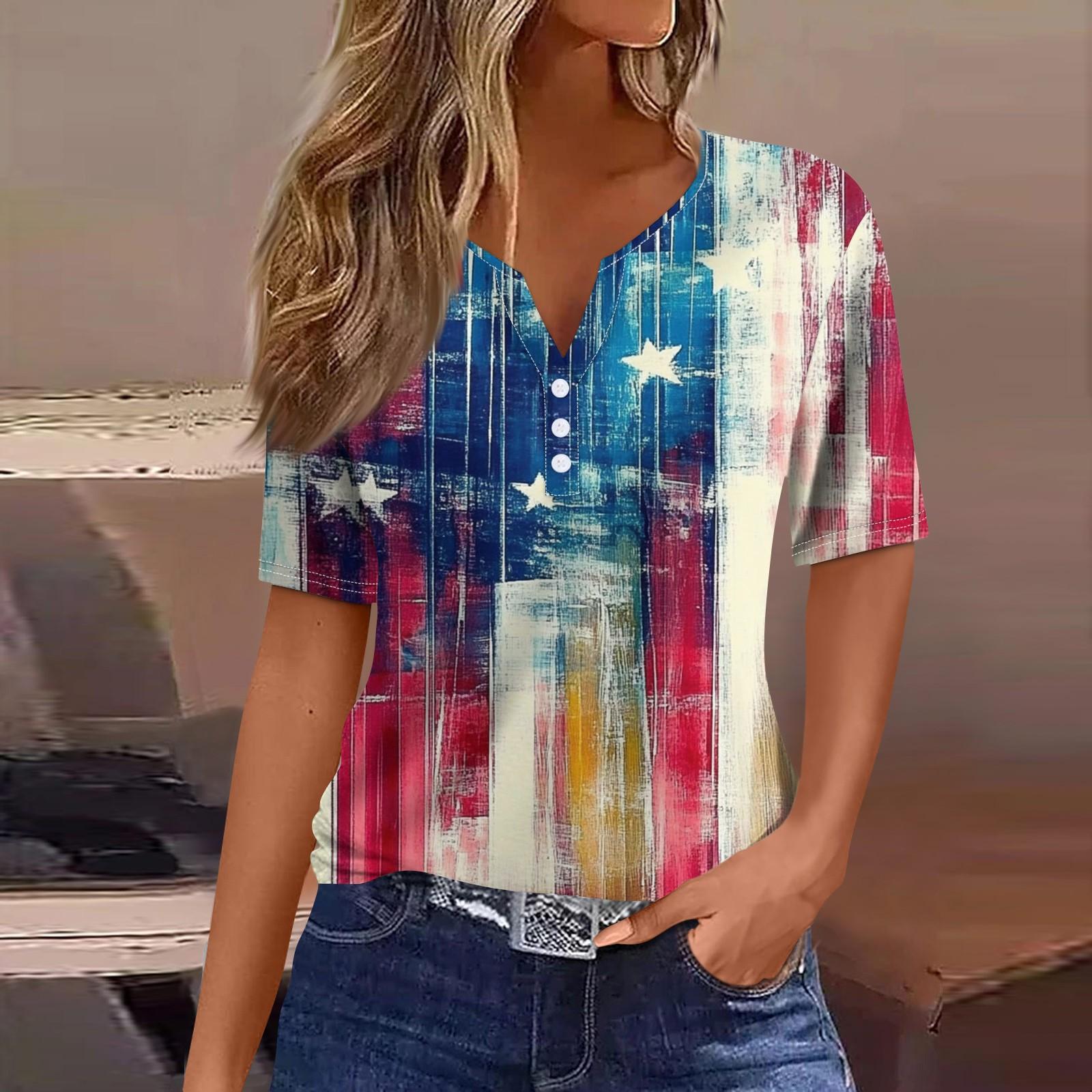 

Жен. Футболка Футболка С принтом Пуговицы С короткими рукавами Повседневные Выходные Мода Классический V-образный вырез Обычный Верх XL красный