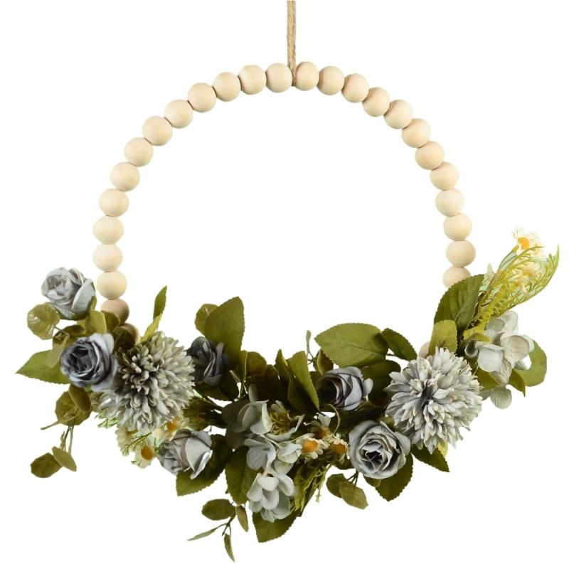 Artificial Flower Wood Beads Wreath Spring Wreath Decoration for Front Door Farmhouses Wedding Thanksgiving Decoration