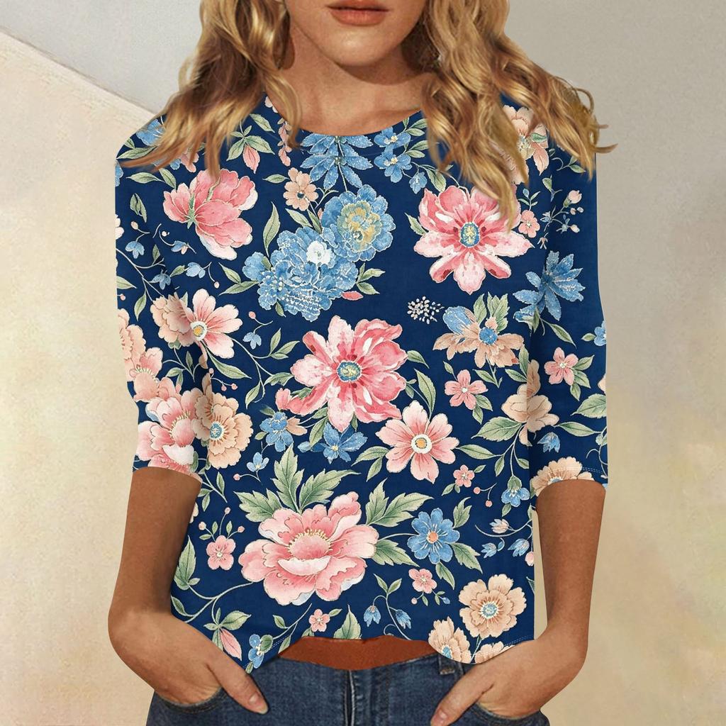 Women's Casual Floral Print Round Neck Top with Three Quarter Sleeves Loose Fit Comfortable Lightweight Blouse for Spring Summer