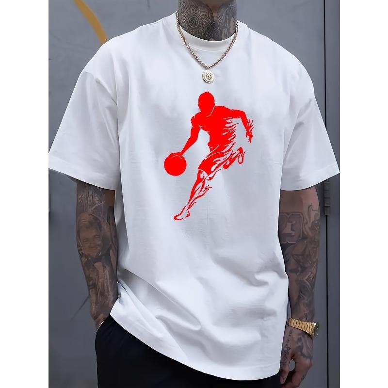 European Sizes Men'S Basketball Silhouette Printed T-Shirt , All-Season Comfort Fit Knit Fabric Top