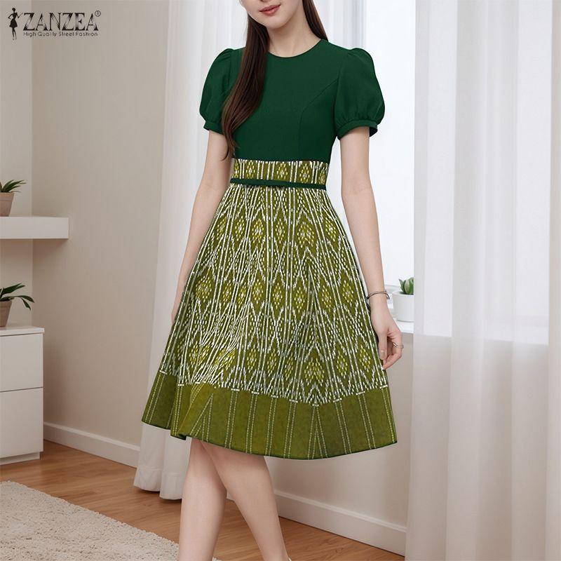 ZANZEA Damen Lässig Rundhals Sommer Kurzarm Print Kleid