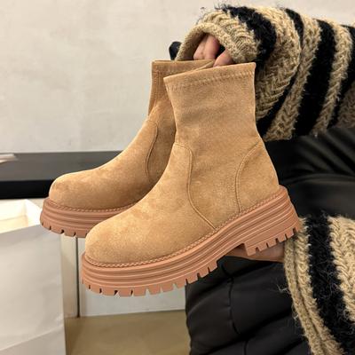 Original Autumn and Winter Thick-soled One-pedal Elastic Thick-heeled Martin Boots Low-heeled Leather Short Boots Thin Women's Boots