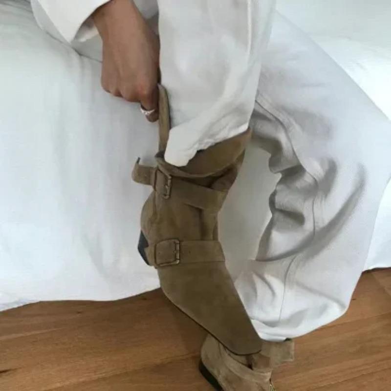 Short Boots Women Autumn/Winter Genuine Leather Suede Square Toe Womens Shoes Two In One Foldable Thick Heel Midsole Boots Woman