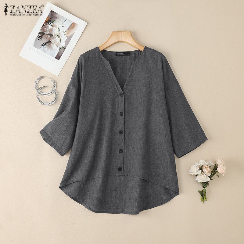 ZANZEA Women Casual V-Neck Solid Color 3/4 Sleeve Blouse