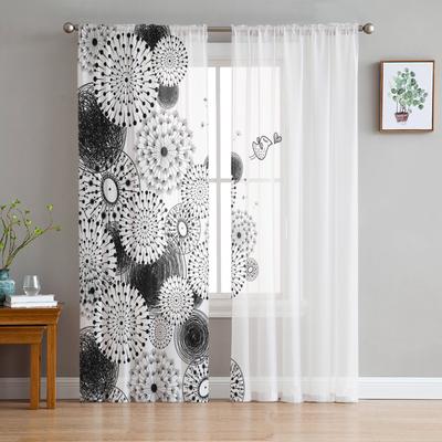 Dandelion Flower Black White Tulle Window Curtains Living Room Organza Yarn Sheer Voile Curtain Bedroom Kitchen Home Decor Drape