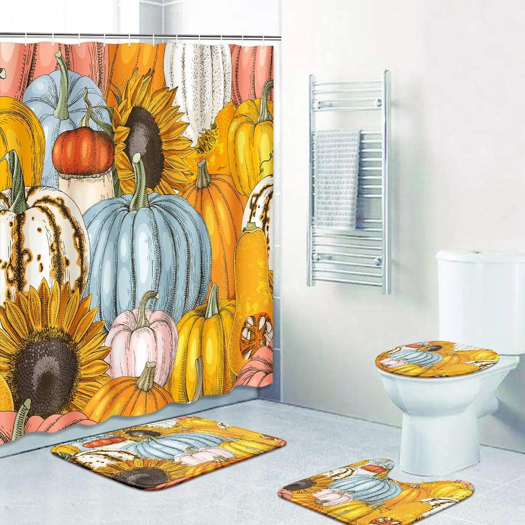 Shower Curtain Set Thanksgiving Pumpkins Fall Leaves November Season With Non-Slip Rugs Toilet Lid Cover Bath Mat Bathroom Set