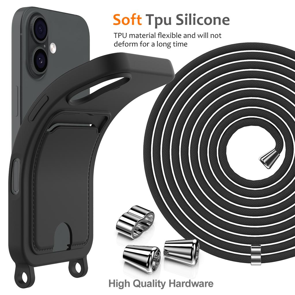 For iPhone 17 Case Liquid Silicone Card Holder Back Phone Cover with Lanyard