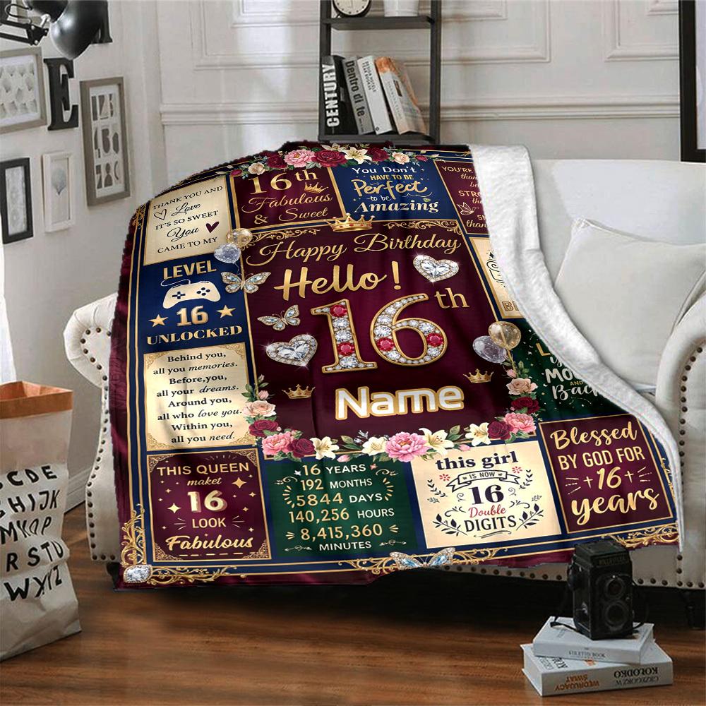 Happy 16Th Birthday Themed Blanket Personalized Name Soft Warm And Versatile For Sofa Bed Office And Travel Machine Washable Comfortable In All