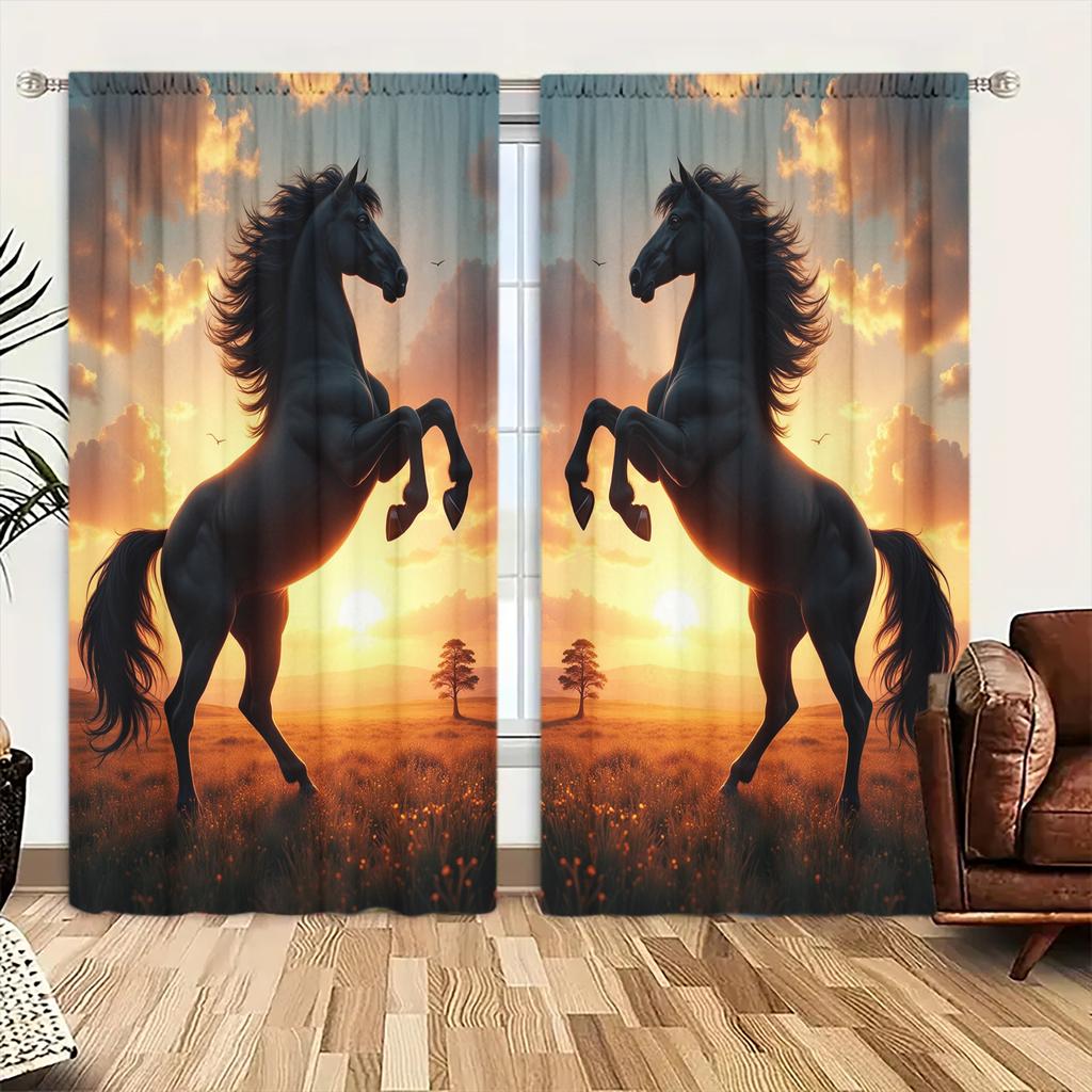 2pcs Brown Steed Under the Sunset Printed Curtain for Home Decor - Rod Pocket Window Treatment for Bedroom, Office, Kitchen