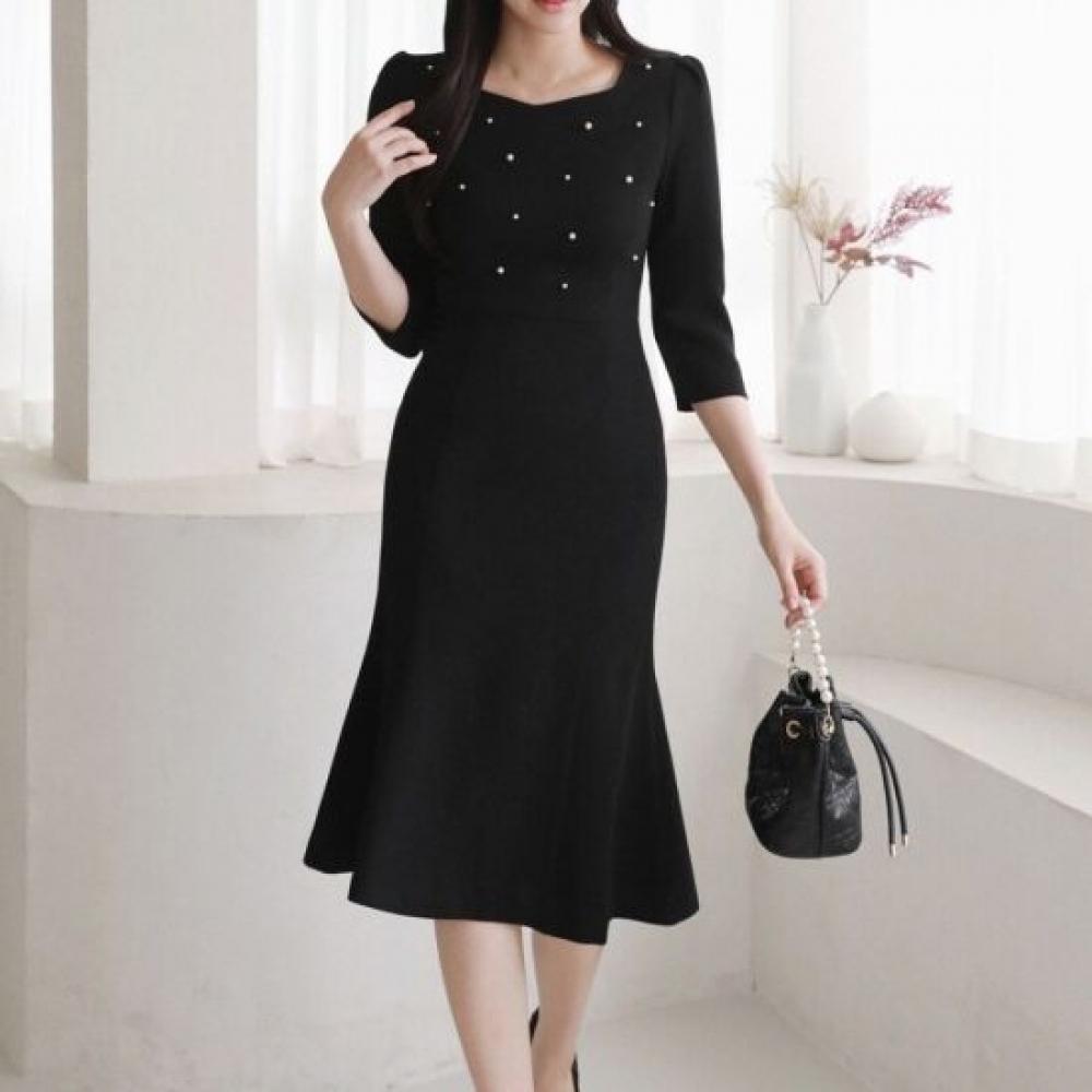 Style Latte Women Sweetheart Square Neck Pearl Mermaid Dress 7 Sleeve