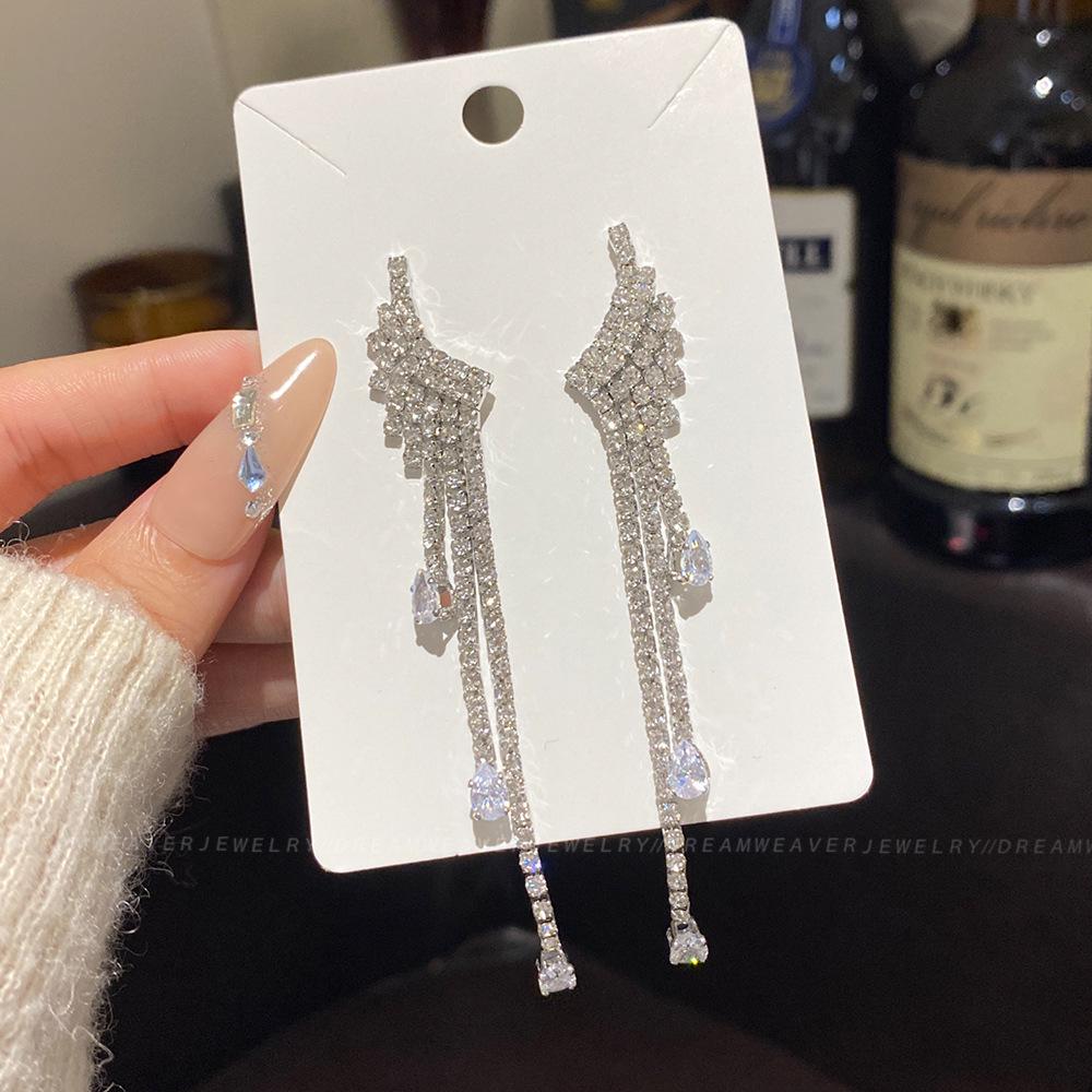 925 Sterling Silver Full Diamond Tassel Earrings – High-End European & American Style, Super Shiny, Luxurious Ear Jewelry for Women.