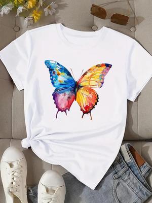 (Asian Size) Trend Butterfly Cute Women Clothing T Shirt Woman Top Fashion Female Short Sleeve Graphic T-shirts Print Tee