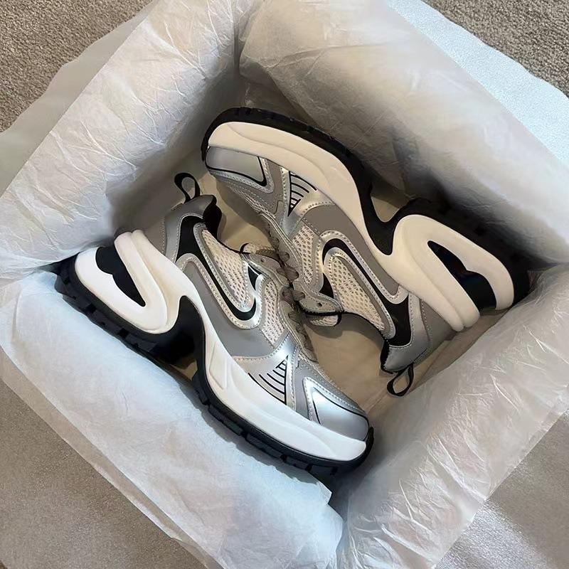 Fashion Dad Shoes Women's Platform Heightening Casual Shoes Leather Silver Mesh High Heels Sneakers Women