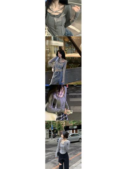 Sweet & Stylish Hot Girl V-Neck Long Sleeve Ribbed T-Shirt - Autumn Slim Fit Women's Top