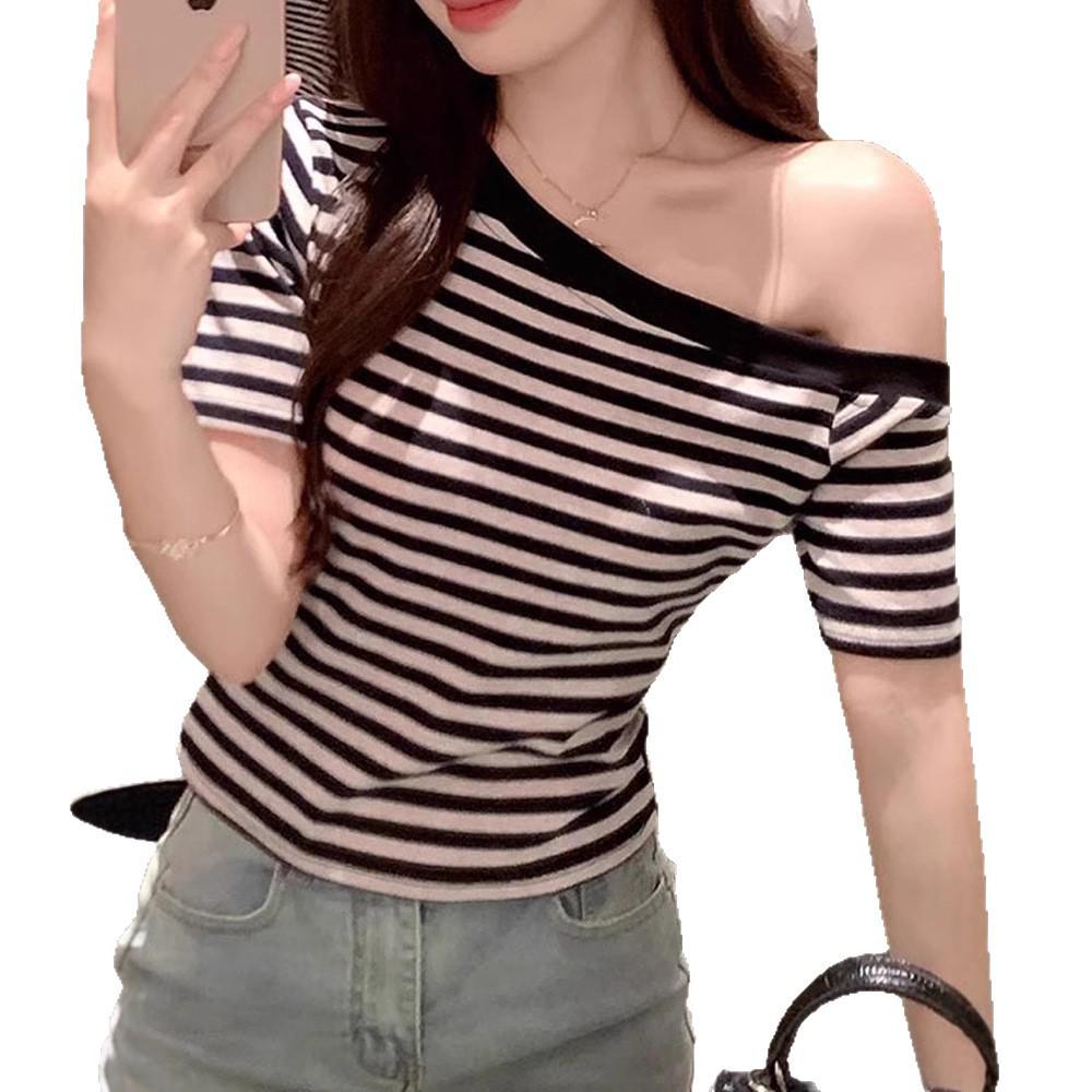 2026 Summer Spicy Girl Off-Shoulder Striped Slim-Fit T-Shirt for Women