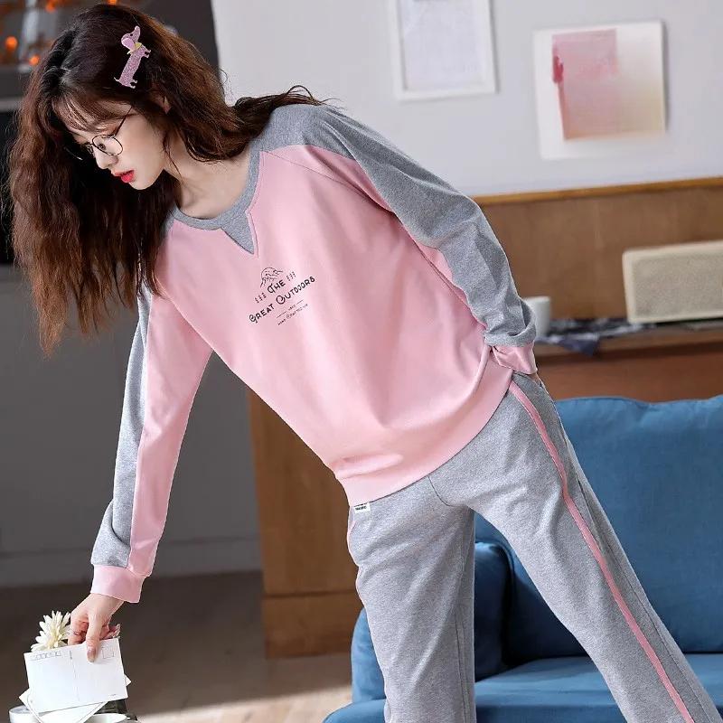 

Комплект из двух предметов для женщин, весна-лето и осень, новая высококачественная хлопковая пижама, пижамные штаны, большой размер, простая и удобная домашняя одежда L розовый