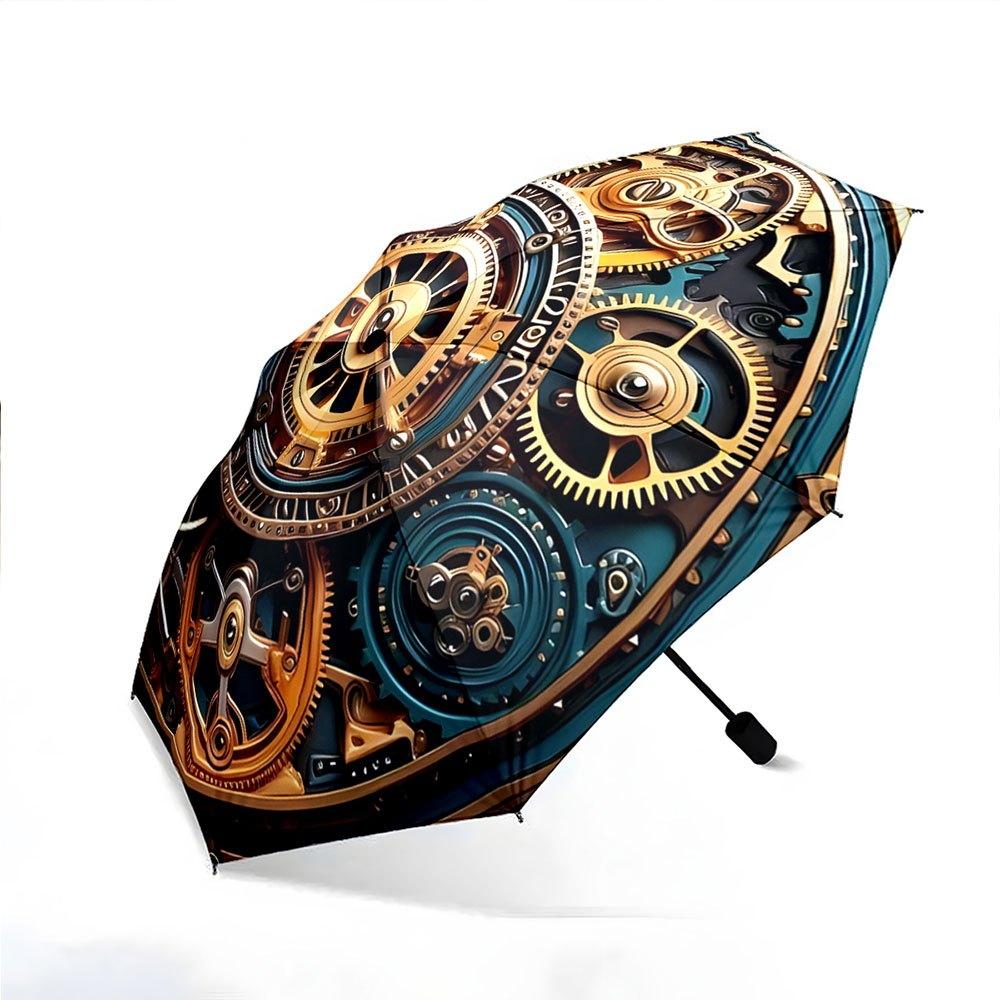 Steampunk Automatic Folding Umbrella with Gears & Clockwork Mechanism - 8-Rib Durable Iron Frame, Portable Collapsible Design,