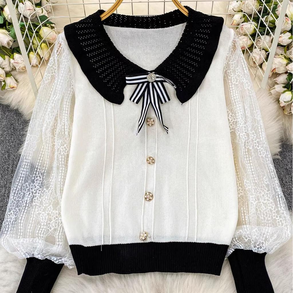 A Gentle and Youthful Style of A Socialite with A Bow and A Baby Collar Knitted Sweater for Women's Autumn and Winter, Featuring A Patchwork Lace Top