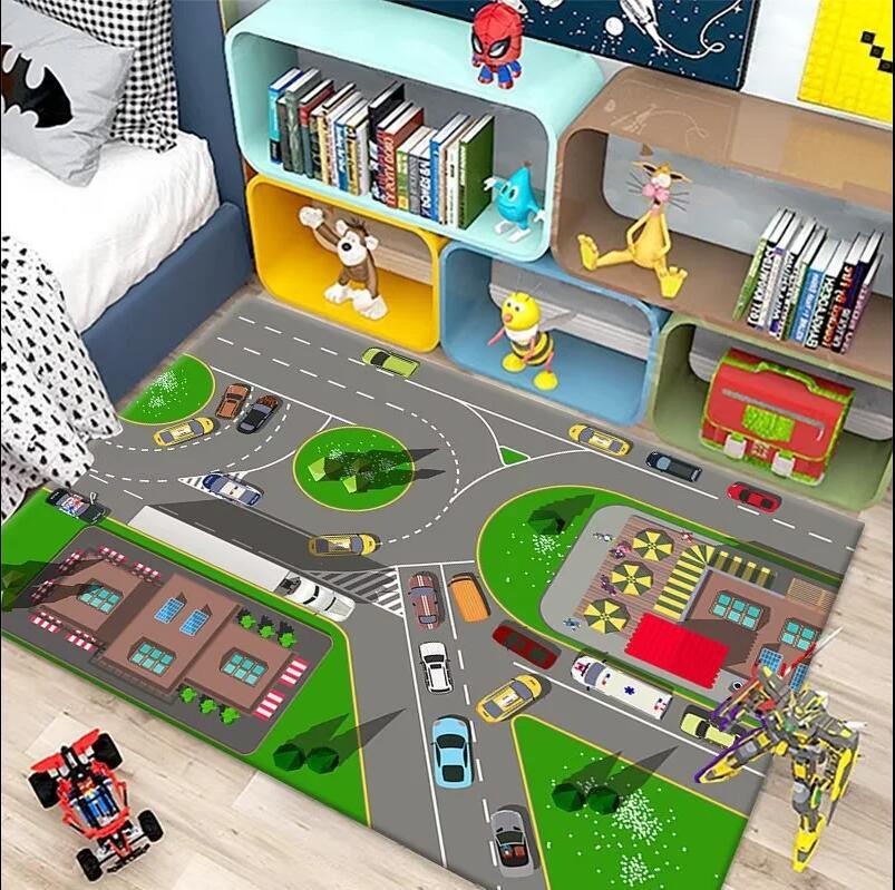 Traffic Theme Road Map Kids Play Floor Mat Soft Non-Slip Children Room Rug Car Buses Park Building Traffic Educational Carpet