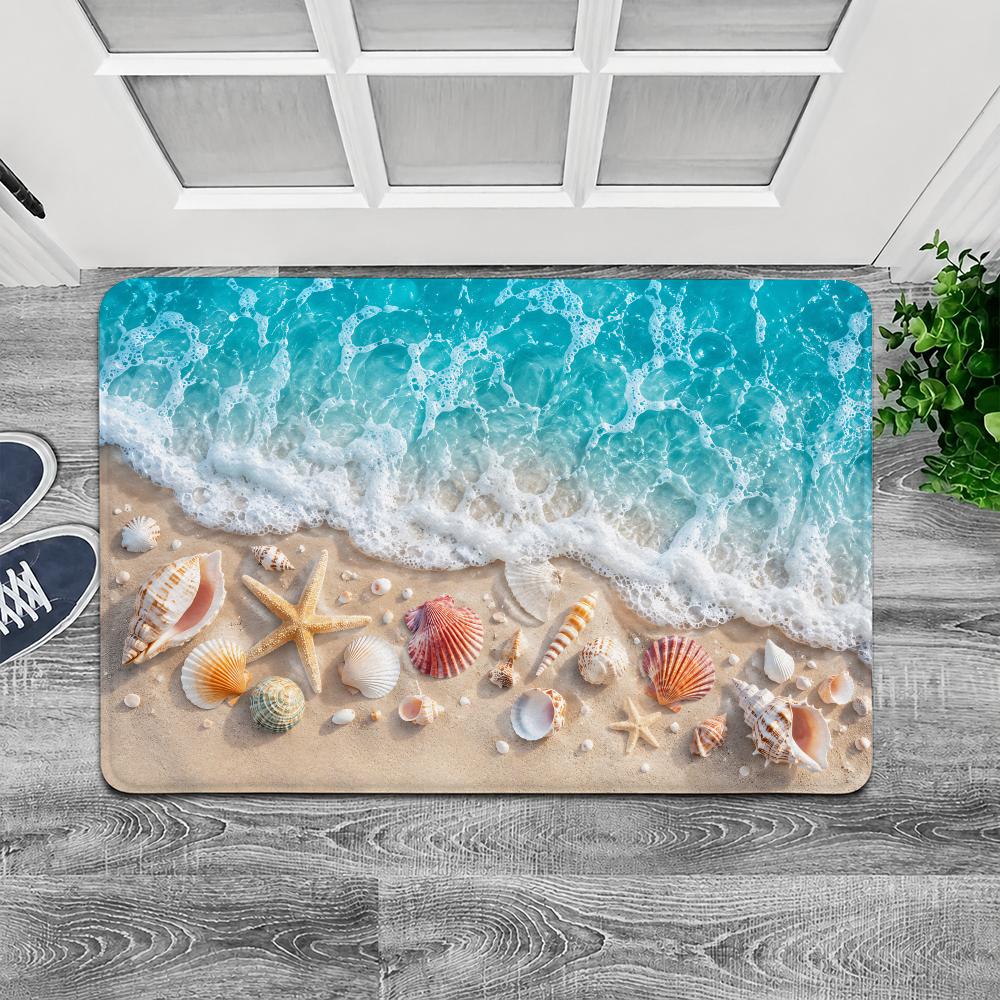 Ocean Waves Beach Shells Floor Mat Flannel Door Mat Non-Slip Washable Foam Entryway Rug for Bathroom Bedroom Entryway