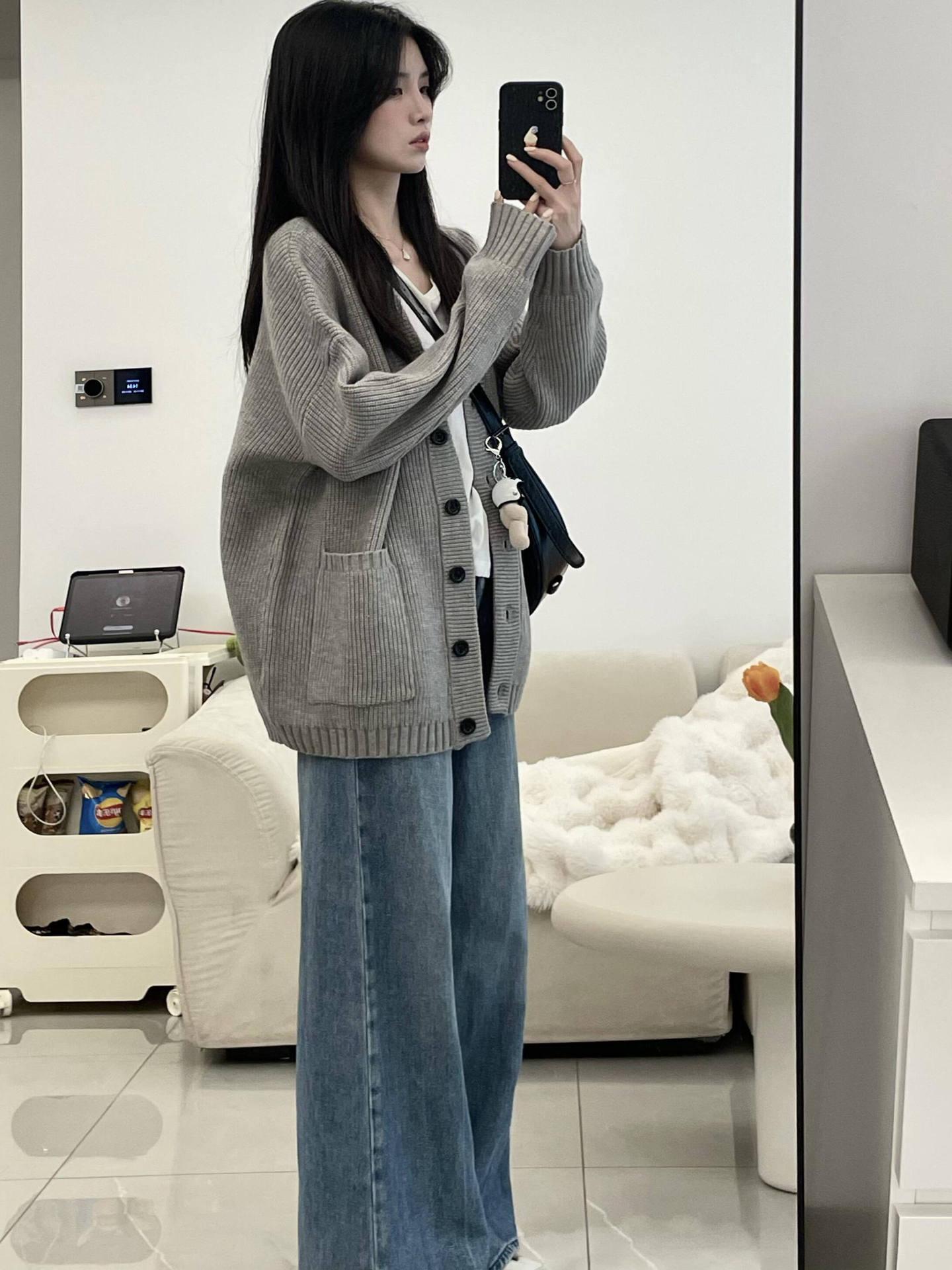 

Корейский ленивый стиль серый вязаный кардиган женский весенне-осенний верхняя одежда - мягкий, свободный свитер топ S