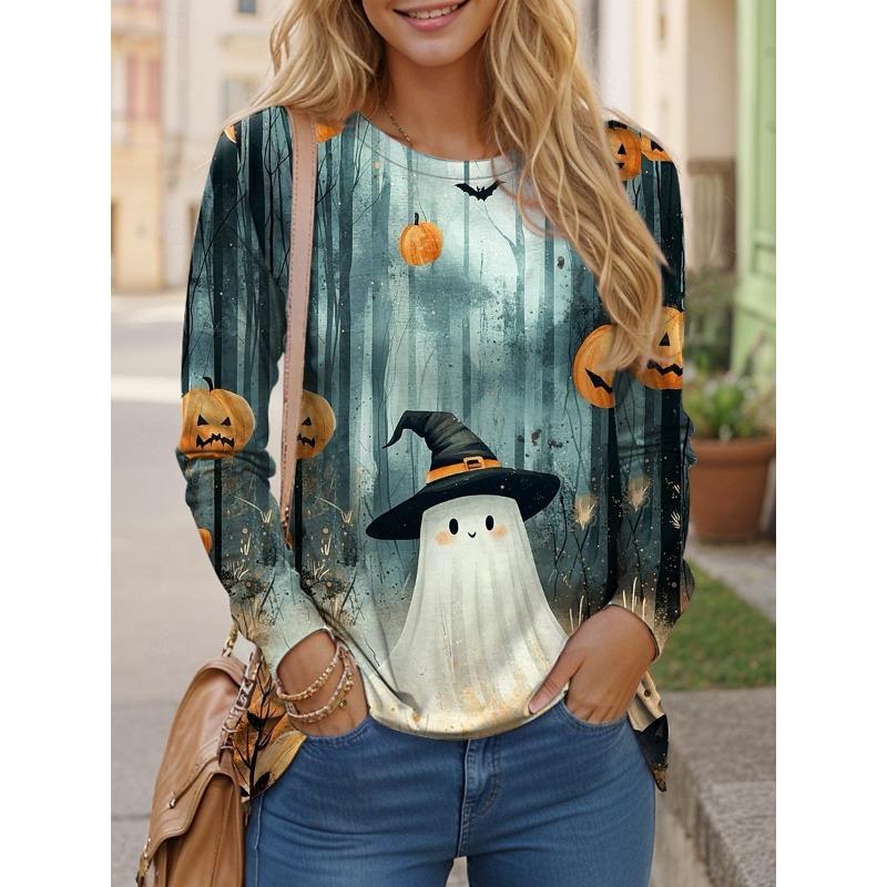 Round Neck 3D Ghost Printed Top Casual Long Sleeved Women's T-shirts - Soft Medium Stretch Polyester Fabric Spring and Autumn Relaxed Fit Clothing
