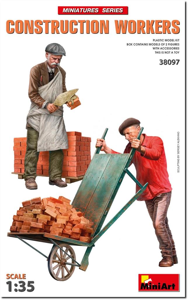 Miniart Construction Worker 2 Figures Plastic Model MA38097 1/35 w/Accessory (People)