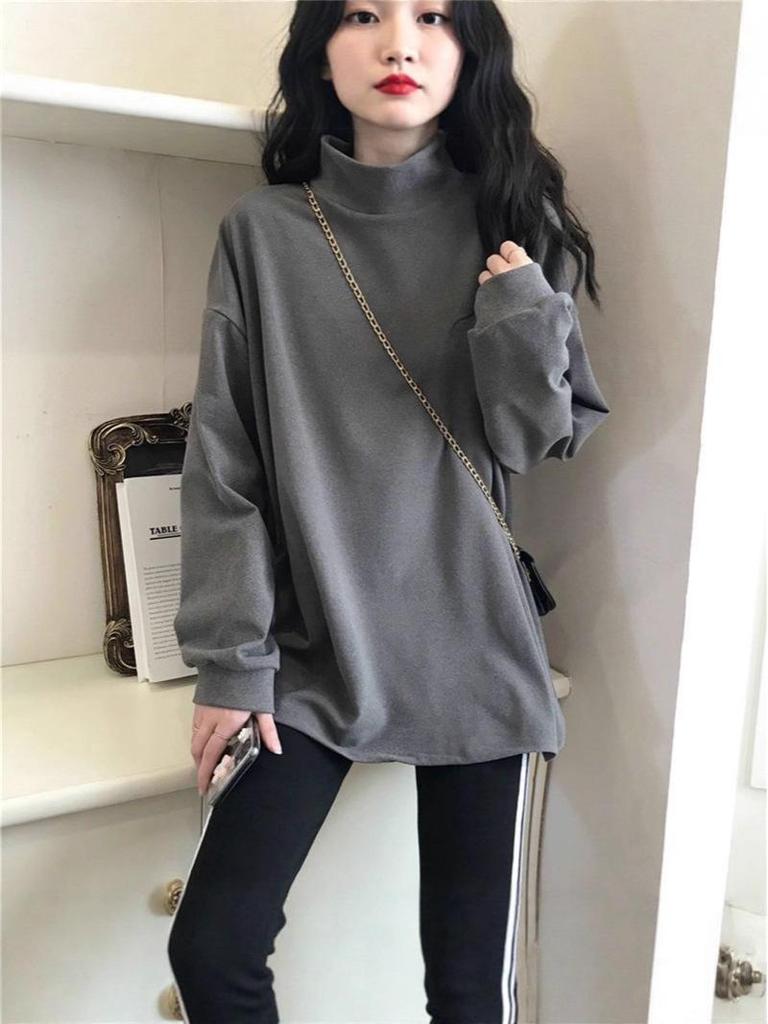 Women's Plus Size Long Sleeve T-Shirt, Thick Warm Fleece, Half-High Collar, Belly-Covering Base Layer for Autumn/Winter