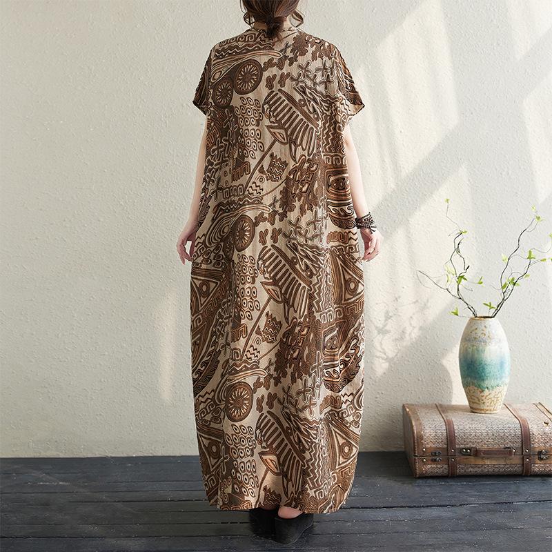 2024 Summer Plus Size V-Neck Cotton Linen Mid-Length Dress - Women's Wide H-Shape Pullover