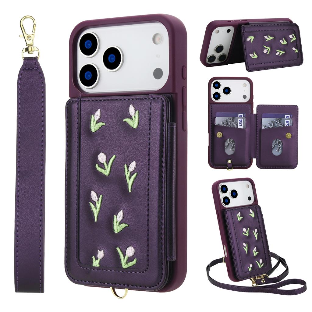 Crossbody Zipper Cards Solt Wallet Embroidery Leather Case for iPhone 17 Pro Max 16 Plus 15 14 13 12 Book Stand Skin Feel Cover
