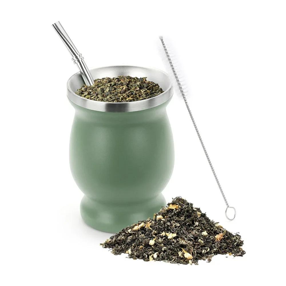 230ML 304 Stainless Steel Mate Cup Double Wall 8oz Portable Tea Mug Mate Gourd with Bombillas and Cleaning Brush